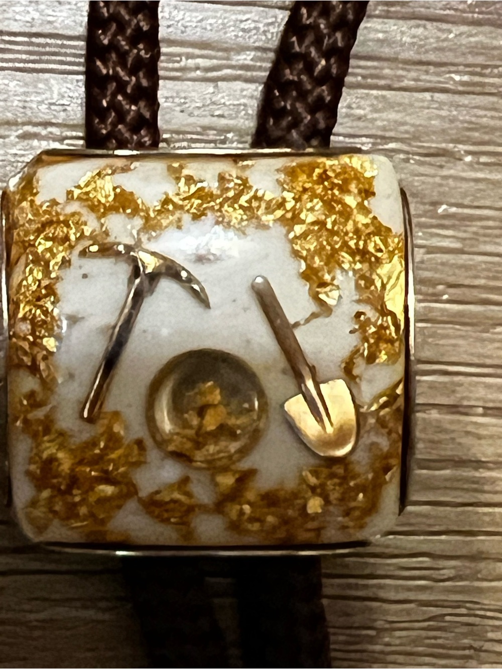 White and Gold Mining Charm Bolo Tie Slide